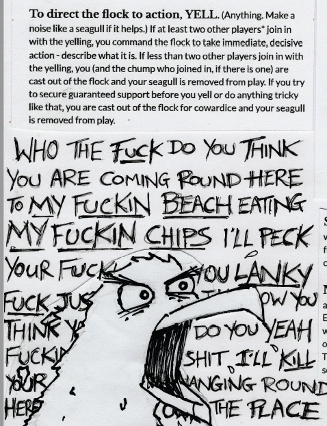 To direct the flock to action, YELL. (Anything. Make a noise like a seagull if it helps.) If at least two other players* join in with the yelling, you command the flock to take immediate, decisive action - describe what it is. If less than two other players join in with the yelling, you (and the chump who joined in, if there is one) are cast out of the flock and your seagull is removed from play. If you try to secure guaranteed support before you yell or do anything tricky like that, you are cast out of the flock for cowardice and your seagull is removed from play.
