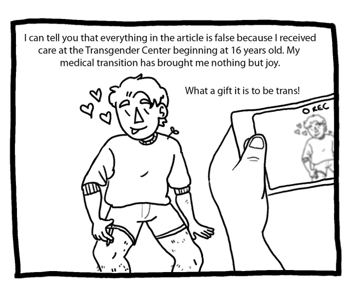 Image 3: A younger Joey injects his T shot in his leg while someone takes a photo. Text reads: I can tell you that everything in the article is false because I received care at the Transgender Center beginning at 16 years old. My medical transition has brought me nothing but joy. What a gift it is to be trans!