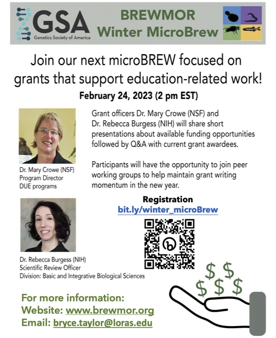 Flyer for microBrew on Feb 24, 2023.  Join us for a Winter microBREW on February 24th from 2-5pm EST. This year's event will be focused on grants that support education-related work. This event is intended as a short workshop to give you information and support as you write your own grants.

We'll start with presentations by two grant officers, Dr. Mary Crowe from the NSF and Dr. Rebecca Burgess from the NIH, who will discuss the granting process at their respective organizations.
We will additionally feature grantees who will share their experiences with education grants. 

The session will include breakout rooms for networking, and we will organize peer working groups to help us all keep our grant writing momentum going in the new year. A Zoom happy hour will follow.

There is no registration fee. The event is free.

Closed captions will be available using the Otter.ai software.
