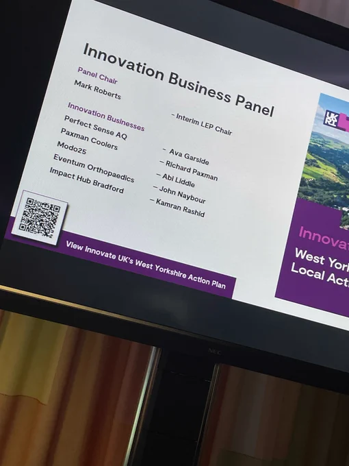 Innovation Business Panel members listed on a display as Ava Garside, Richard Paxman, Abi Liddle, John Naybour and Kamran Rashid
