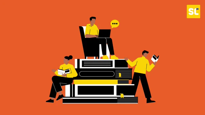 Decorative: Three people read atop a giant pile of books