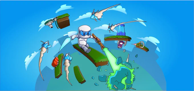 The main character of GunnRunner, named Astro, with a sword in right hand gunning through enemies in an open landscape.