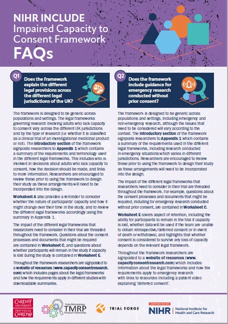 NIHR INCLUDE Impaired Capacity to Consent Framework 'Frequently asked questions' document available to download from the website