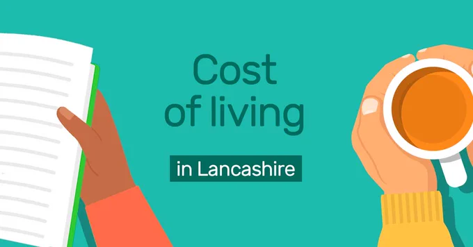 Cost of living in Lancashire. Hand holding a book and hands cupping a mug.