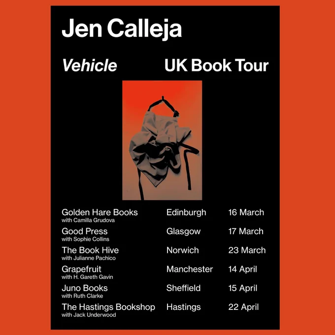 A black rectangular tour poster with an abstract image of a scrunched up apron. Golden Hare Books Edinburgh 16 March, Good Press Glasgow 17 March, The Book Hive Norwich 23 March, Grapefruit Manchester 14 April, Juno Books Sheffield 15 April, Hastings Bookshop 22 April