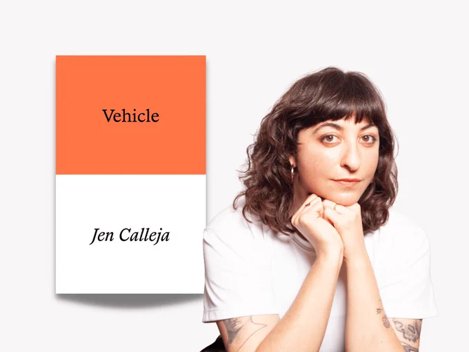 A photo from the chest up of an olive skinned woman with dark wavy hair looking at the camera. She wears a white T-shirt and is resting on her clasped hands. She has tattoos on her arms. Floating to her left is an orange and white book cover. Vehicle by Jen Calleja
