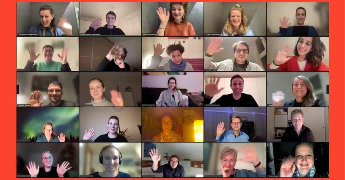 Screenshot der ersten Infoveranstaltung. Darauf zu sehen: eine Videokonferenz mit vielen Kacheln aus denen Menschen winken. 