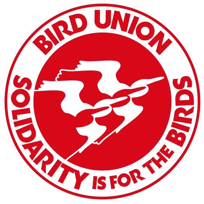Red and white Bird Union logo, a circle with four bird silhouettes in the middle. Along the edge reads “BIRD UNION SOLIDARITY IS FOR THE BIRDS”