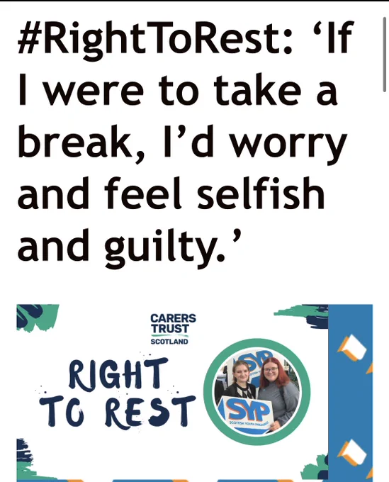 Black Words state “#RightToRest: if i were to take a break, I’d worry and feel selfish and guilty” with photo below of Max and Rebecca holding the SYP sign next to words “Right to Rest”