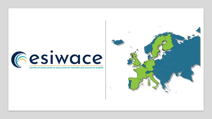 Composite of new ESiWACE logo and map of Europe with ESiWACE3 consortium partner countries highlighted.  