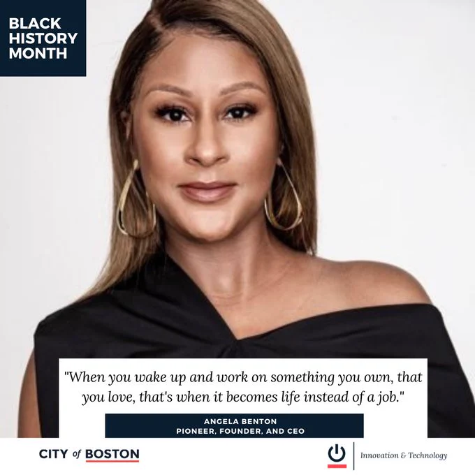 This is a headshot of Angela Benton. She is being featured in DoIT's Black History Month campaign. Below her headshot reads her quote, "When you wake up and work on something you own, that you love, that's when it becomes life instead of a job." 