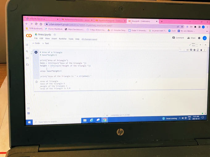 Another variation of python code to find the area of a triangle.