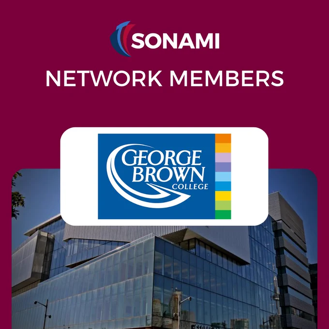 SONAMI's logo followed by George Brown College's logo and a picture of their campus in Toronto