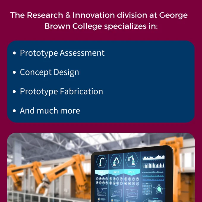 Text: The Research & Innovation division at George  Brown College specializes in: Prototype Assessment, Concept Design, Prototype Fabrication, and much more. At the bottom, an image showing a tablet and robotic arms in the background. 