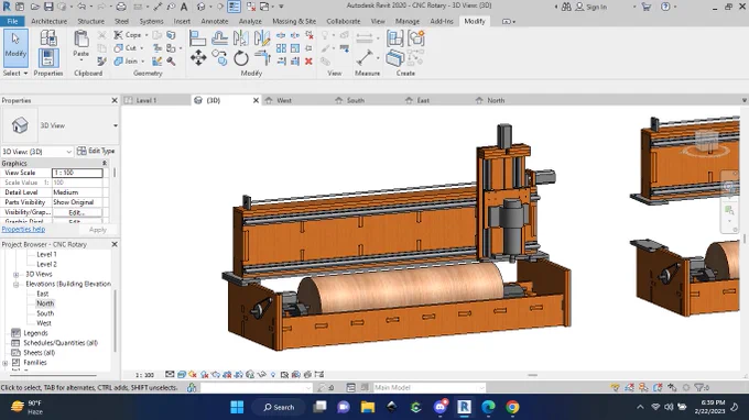 First design of a CNC rotary machines with SBR rails and leadscrew, a turning diameter of 250cm. 3 axis machine with a spinhead for symmetrical turnings.