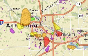 DTE outage map from Nov. 24, 2014. Large polygons showing the extent of individual outages are clearly visible. 