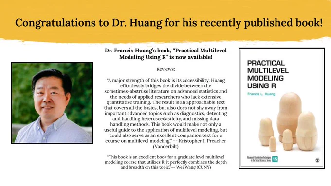 Dr. Francis Huang recently published a book titled, Practical Multilevel Modeling Using R.