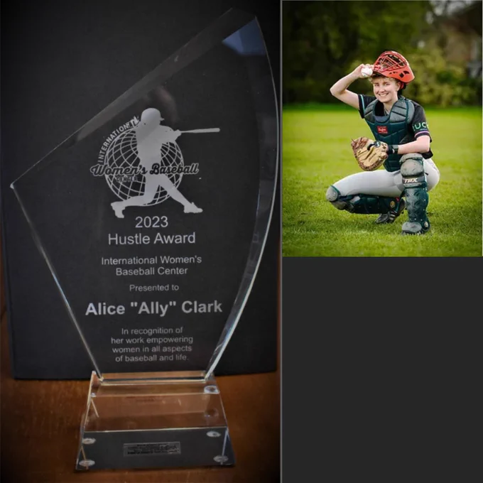 On a dark gray background, a crystal award appears on the left, indicating the hustle award, with a black background on a wood surface. In the top right corner, an image of Ally Clark appears, the winner of the award.