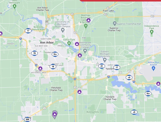 The current DTE outage map. Outages are now shown as icons on the map rather than polygons showing the extent of the outage. 