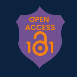 Badge depicting open access 101 where the 0 is in the shape of an open lock
