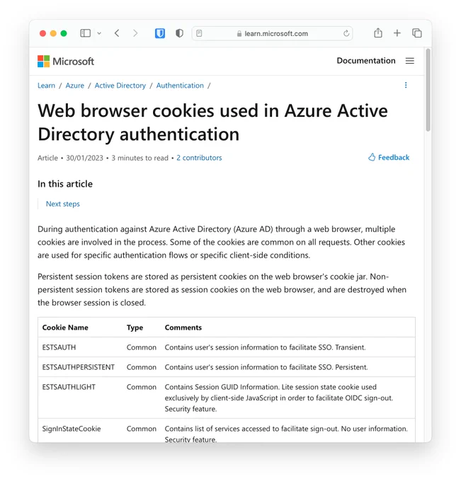 Screenshot of Azure AD cookies.