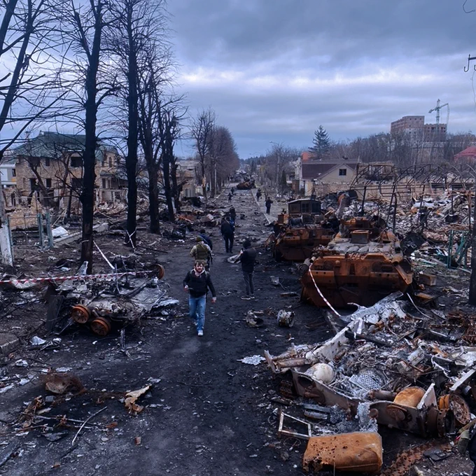 Damaged and abandoned Russian armoured vehicles in Bucha, Ukraine.