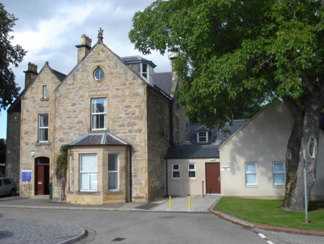 External view showing entrance doors to Library and Education Rooms at Dunbarney House, Dr Gray's Hospital, Elgin