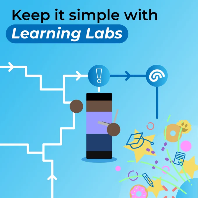 Keep it simple with Learning Labs. A cartoon character is in the centre of the image holding a laptop. Above them is an exclamation mark. There is an arrow coming from the right of the exclamation mark pointing to the Learning Labs logo.