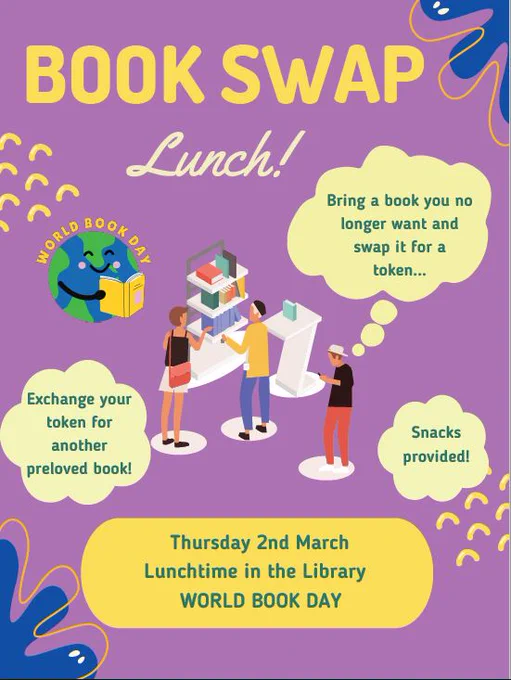 Book Swap Lunch, Thursday 2nd March.  Lunchtime in the library for World Book Day.  Bring a book you no longer want and swap it for a token....exchange your token for another preloved book!  Image shows people browsing shelves of books.