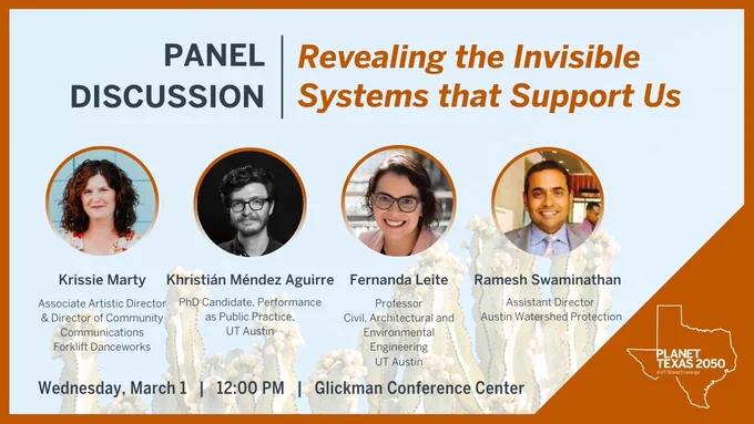 The Planet Texas 2050 Symposium brings together groups interested in research on climate resilience. Multiple presentation formats over many days bring together faculty, researchers, artists, and community members to build a community of collaborators to share more resilient communities throughout Texas and beyond. 
The image is a faded background of plants with the words Panel Discussion: Revealing the Invisible Systems that Support Us. Small headshots are of:
	Krissie Marty, Forklift Danceworks
	Khristian Mendez Aguirre, Performace as Public Practice
	Fernanda Leite, Architectural and Environmental Engineering
	Ramesh Swarminathan, Austin Watershed Protection 
