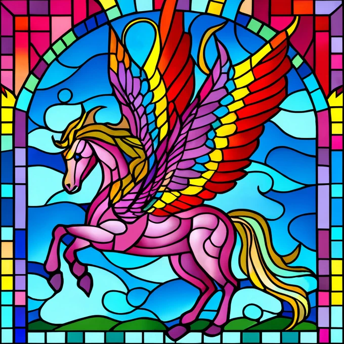 A stained glass style illustration of a flying horse in bright rainbow colours