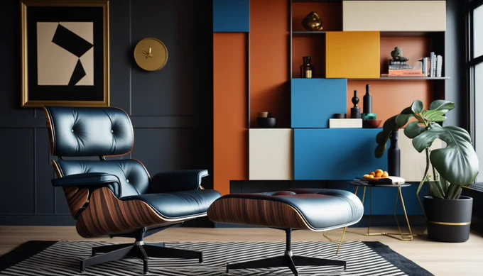 Editorial Style Photo, Off-Center, Mid-Century Modern, Living Room, Eames Lounge Chair, Wood, Leather, Steel, Graphic Wall Art, Bold Colors, Geometric Shapes, Design Within Reach, Track Lighting, Condo, Morning, Playful, Mid-Century Modern, Iconic, 4k --ar 16:9