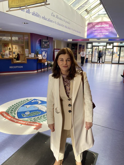 Sinéad in main reception of Oakgrove Integrated College.