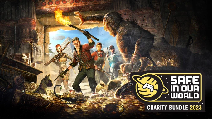Strange Brigade Key Art of the 4 Main Characters and A Mummy. The Safe In Our World Charity Bundle Logo sits in the corner of the image