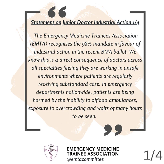 Statement 1/4 - The Emergency Medicine Trainees Association (EMTA) recognises the 98% mandate in favour
of industrial action in the recent BMA ballot. We know this is a direct consequence of doctors
across all specialties feeling they are working in unsafe environments where patients are
regularly receiving substandard care. In emergency departments nationwide, patients are being
harmed by the inability to offload ambulances, exposure to overcrowding and waits of many
hours to be seen