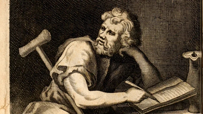 A stoic philosopher, possibly Epictetus, staring into the distance and pondering while writing in a codex with a quill. A crutch leans to his right side