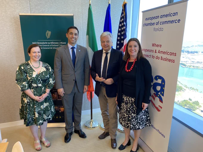 Left to right: Consul General of Ireland Sarah Kavanagh, Matt Haggman (Opportunity Miami / Beacon Council), EU Justice Commissioner Reynders, Christina Sleszynska (EACC Florida)