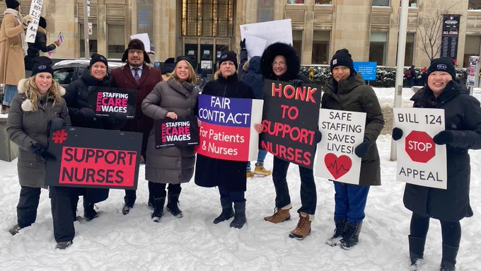 Me and MPP Mamakwa attending today's ONA picket for a fair contract for Ontario's nurses. I'm holding a sign that says Better Staffing / Better Care / Better Wages.