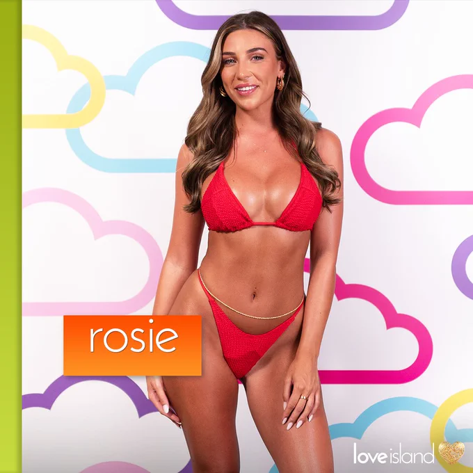 Rosie poses in a red bikini.
