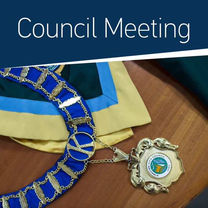 Mayoral medallion sitting on a desk. Text reads "Council meeting"