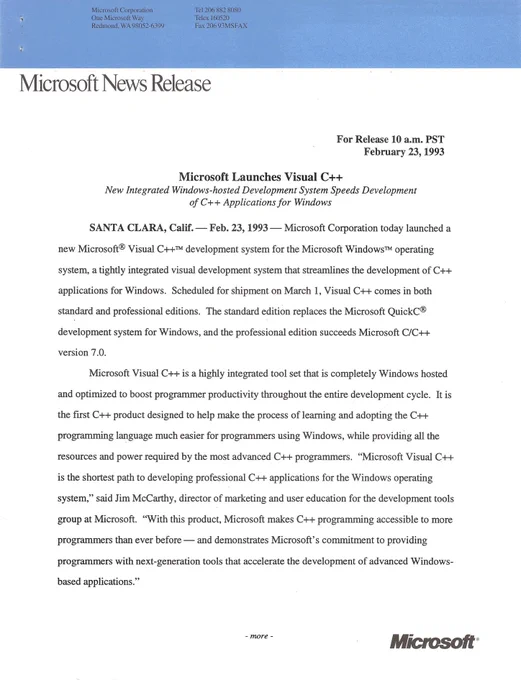 First page of Microsoft Press Release launching Visual C  , Feb. 23, 1993