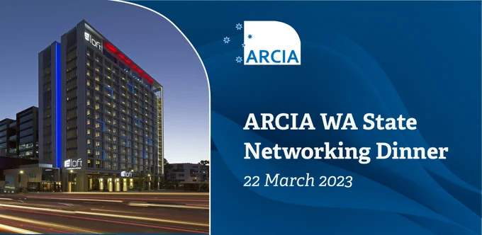 Image of Aloft Hotel in Perth where the ARCIA WA State Dinner will be held on 22 March 2023. The ARCIA logo is white on a blue abstract background.