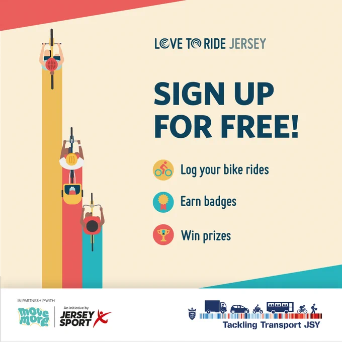 Artwork graphic for the Love to Ride Jersey's Ride Into Spring Campaign which says "Sign up for Free! Log your bike rides, earn badges, win prizes".