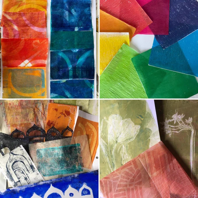A collage of four images of colourful collage papers printed using a gelli plate; two explore the colour wheel and two use stencils to create designs.