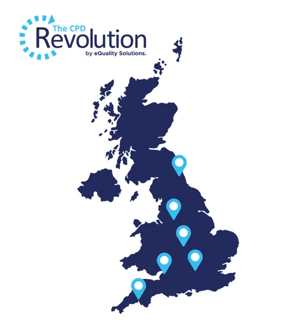 A map of the UK with 6 blue pin points dotted around it. In the top left hand corner it says The CPD Revolution by eQuality Solutions.