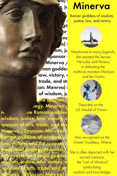 Minerva
Roman Goddess of wisdom, justice, law and victory
Mentioned in many legends, she assisted the heroes Hercules and Perseus in defeating the mythical monsters Medusa and the Hydra. Depicted on the US Medal of Honor. Also recognised as the Greek Goddess, Athena. She is often depicted with her sacred creature, the "owl of Minerva", symbolising wisdom and knowledge.