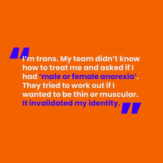 [Slide 3 of 4. A block orange background. In blue and white writing there is a quote from one of the men we interviewed that says, "I'm trans. My team didn't know how to treat me and asked if I had 'male or female anorexia'. They tried to work out if I wanted to by thin or muscular. It invalidated my identity."]