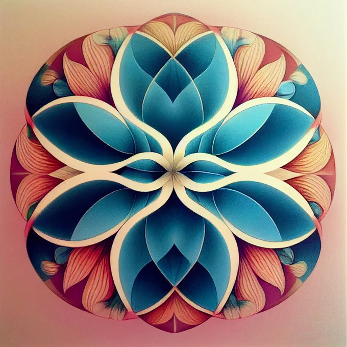 A symmetrical painted floral type pattern in blue and dusty pink