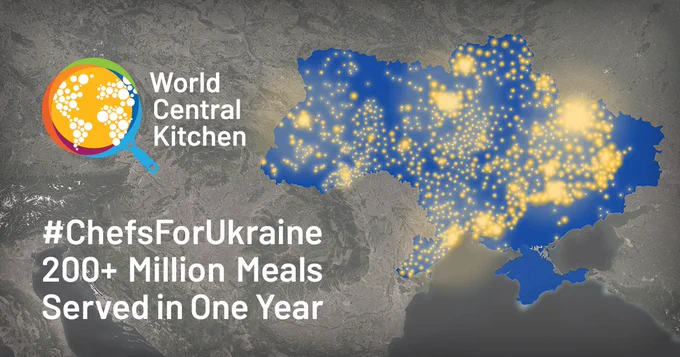 Map of World Central Kitchen food distribution points inside Ukraine with text that says "#ChefsForUkraine 200  Million Meals Served in One Year".