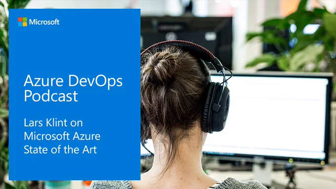 Image showing the Azure DevOps Podcast title slide on the left and a developer sitting in front of their computer while listening to a podcast through headphones on the right.